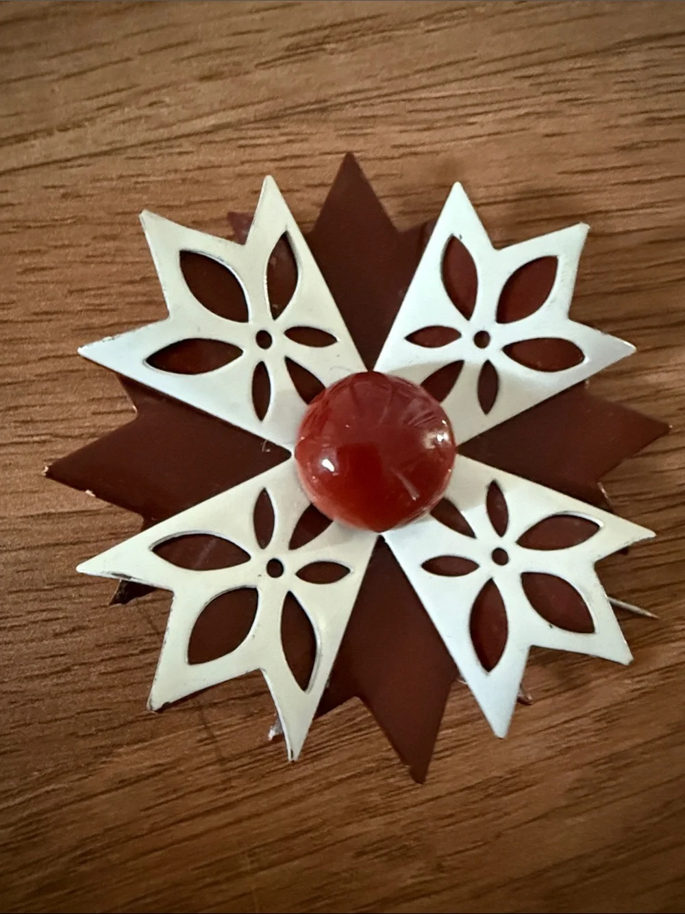 Holiday Starburst Ornament Pin in Rich Brown and white
